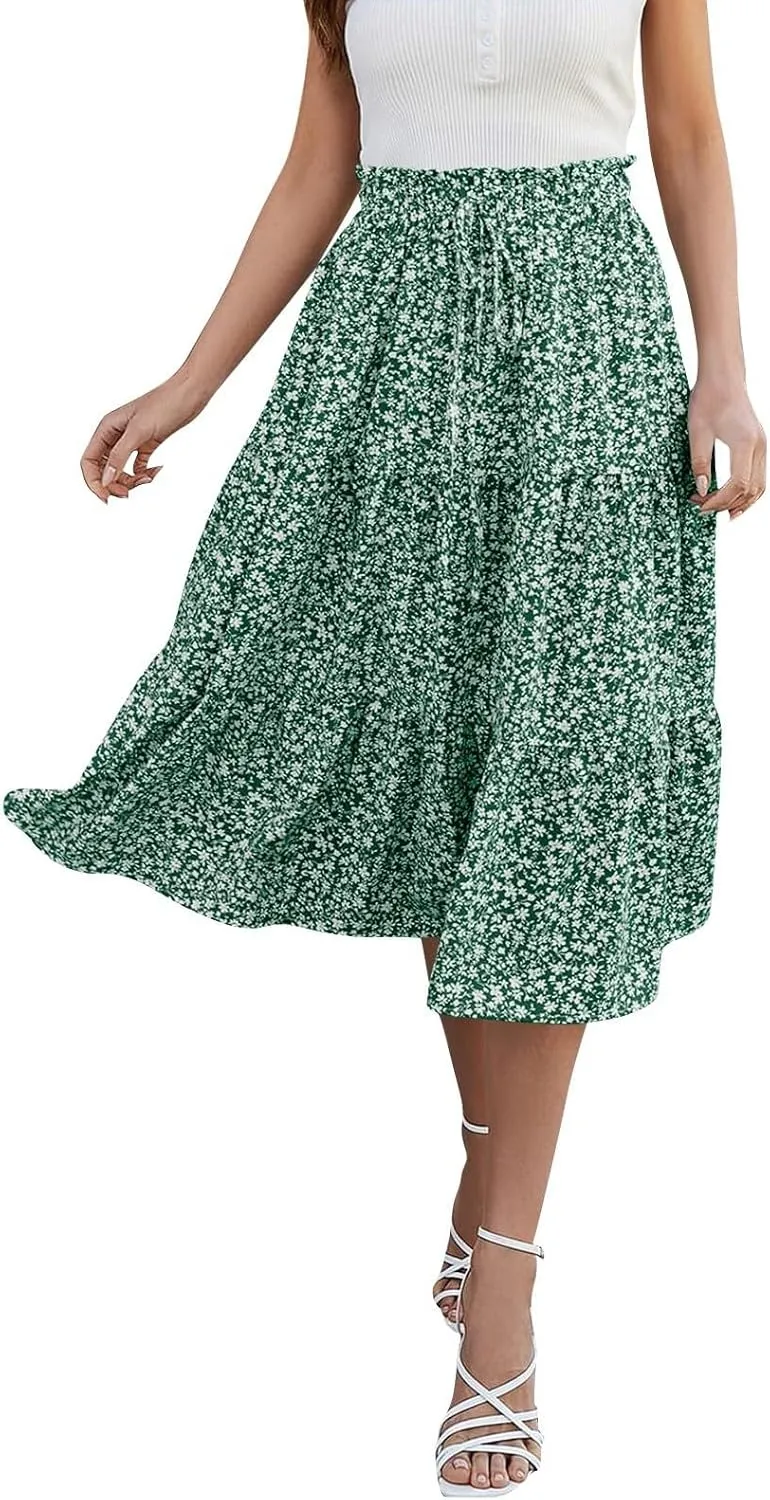 Floral Midi Skirts for Women Summer Flowy Tiered Skirt Drawstring Summer Knee Length A Line Skirts with Pockets