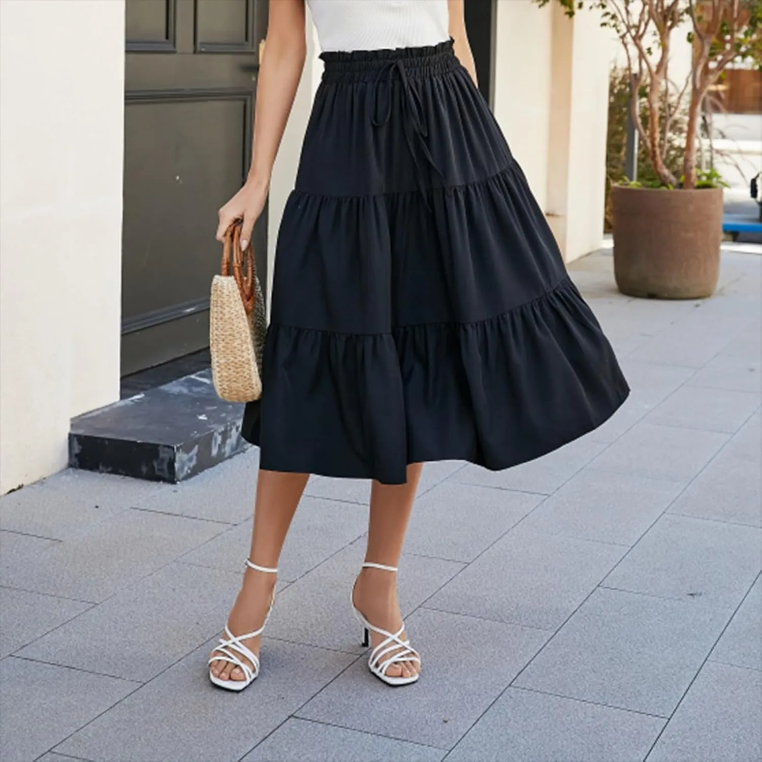Floral Midi Skirts for Women Summer Flowy Tiered Skirt Drawstring Summer Knee Length A Line Skirts with Pockets