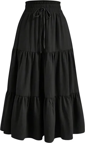Floral Midi Skirts for Women Summer Flowy Tiered Skirt Drawstring Summer Knee Length A Line Skirts with Pockets