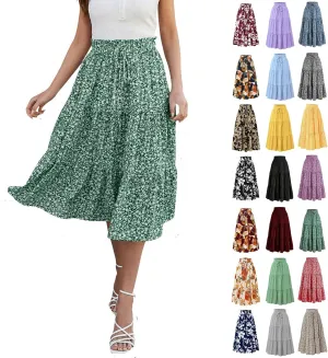 Floral Midi Skirts for Women Summer Flowy Tiered Skirt Drawstring Summer Knee Length A Line Skirts with Pockets