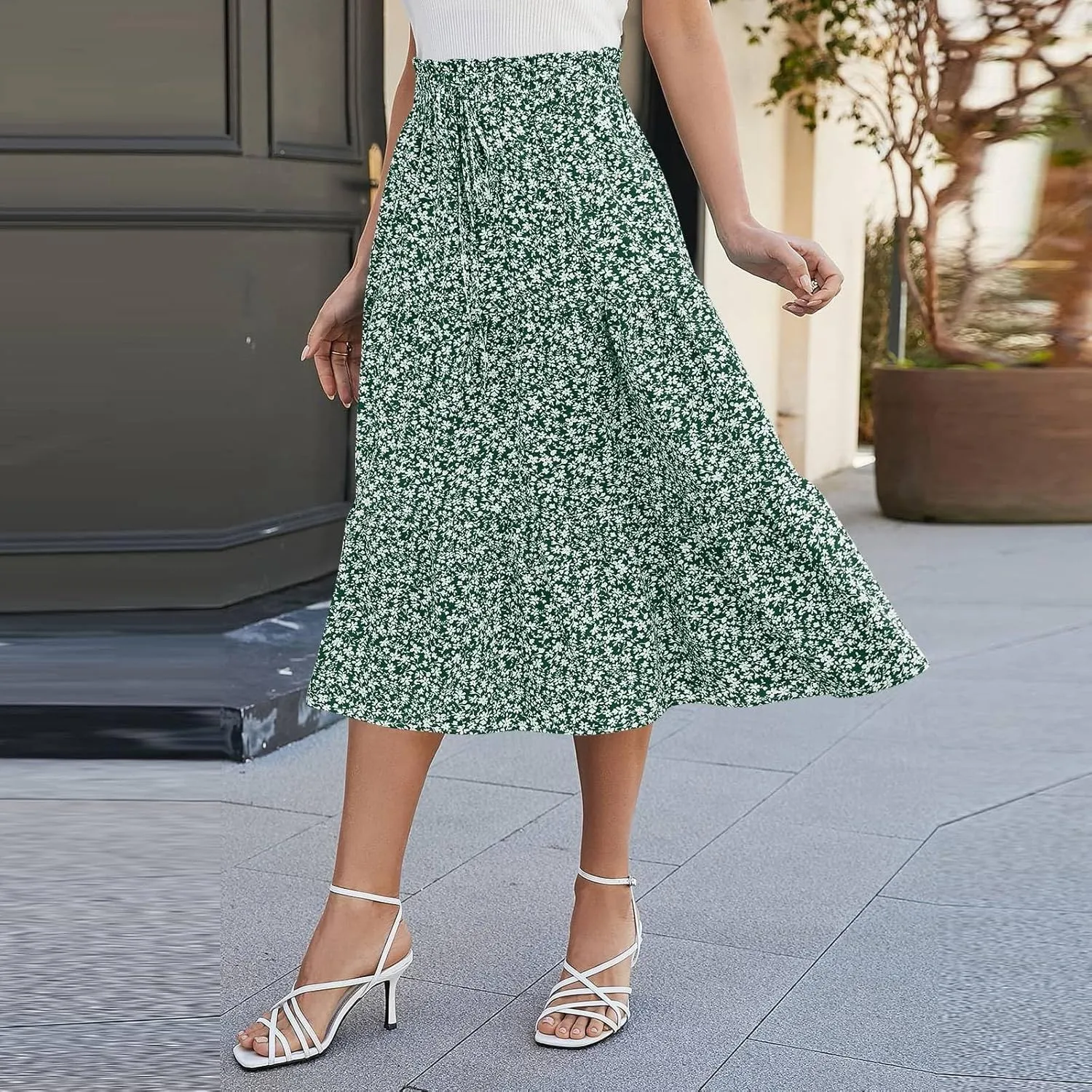 Floral Midi Skirts for Women Summer Flowy Tiered Skirt Drawstring Summer Knee Length A Line Skirts with Pockets