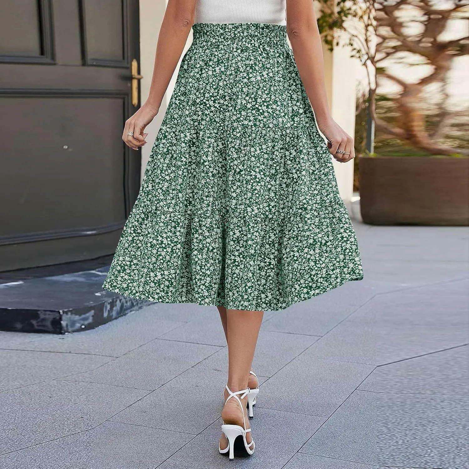 Floral Midi Skirts for Women Summer Flowy Tiered Skirt Drawstring Summer Knee Length A Line Skirts with Pockets