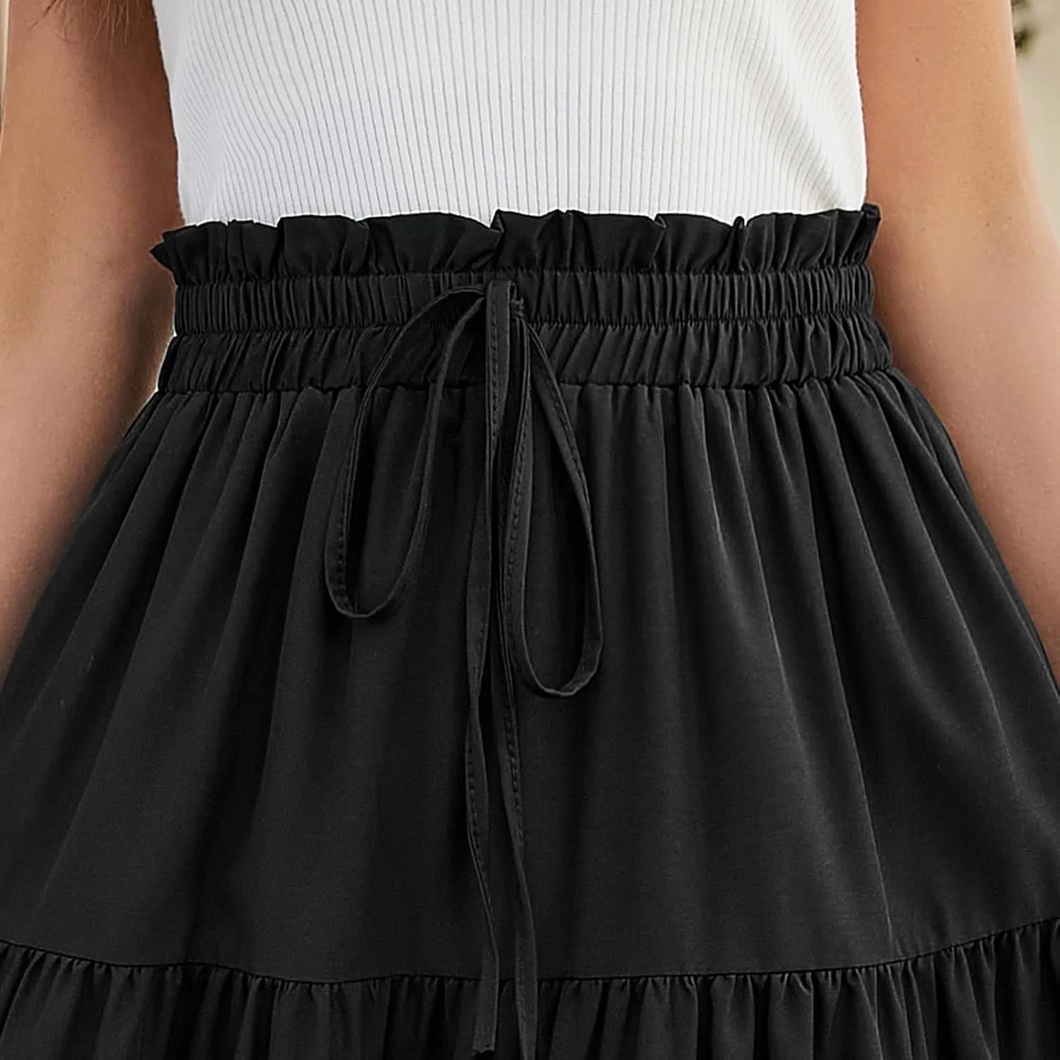Floral Midi Skirts for Women Summer Flowy Tiered Skirt Drawstring Summer Knee Length A Line Skirts with Pockets