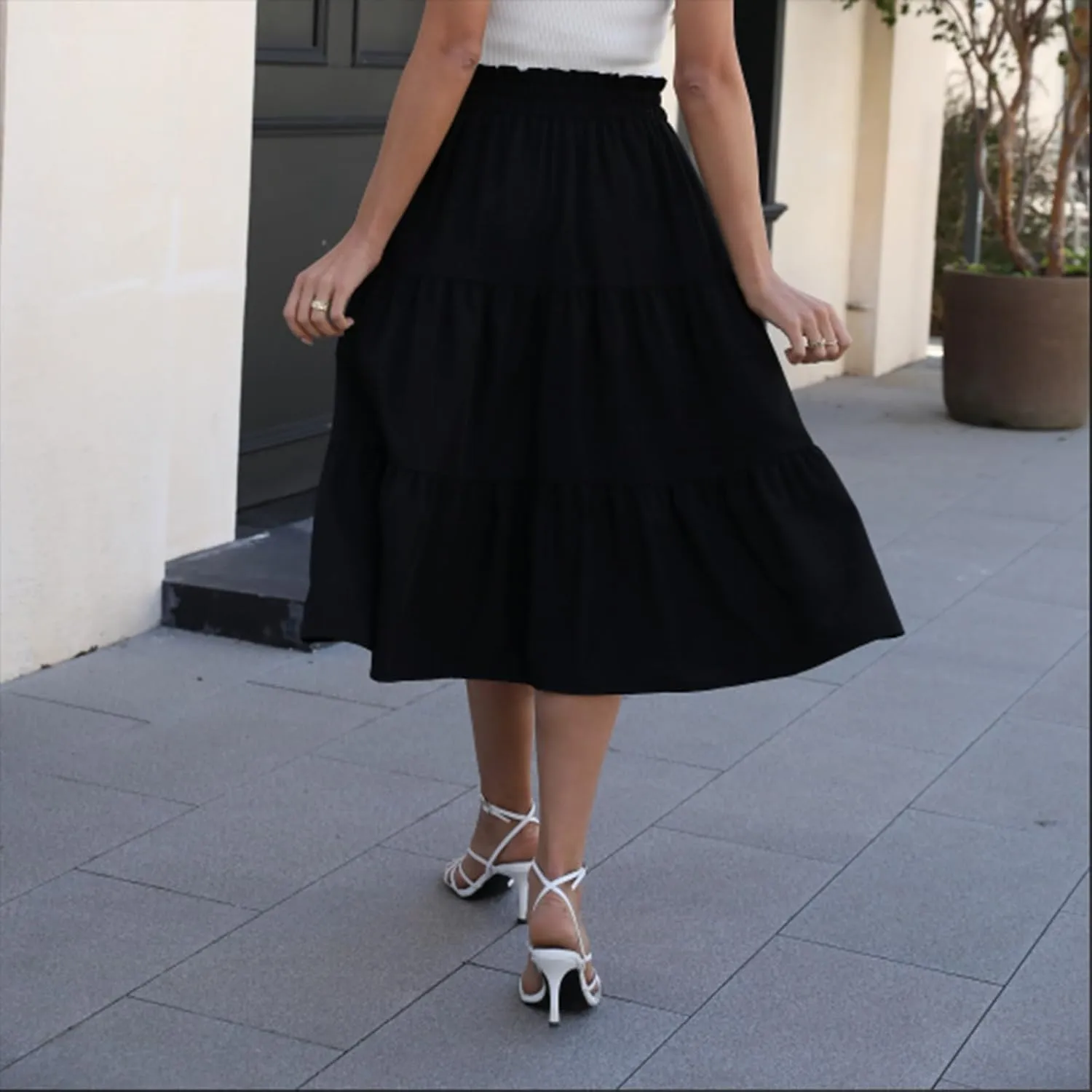 Floral Midi Skirts for Women Summer Flowy Tiered Skirt Drawstring Summer Knee Length A Line Skirts with Pockets