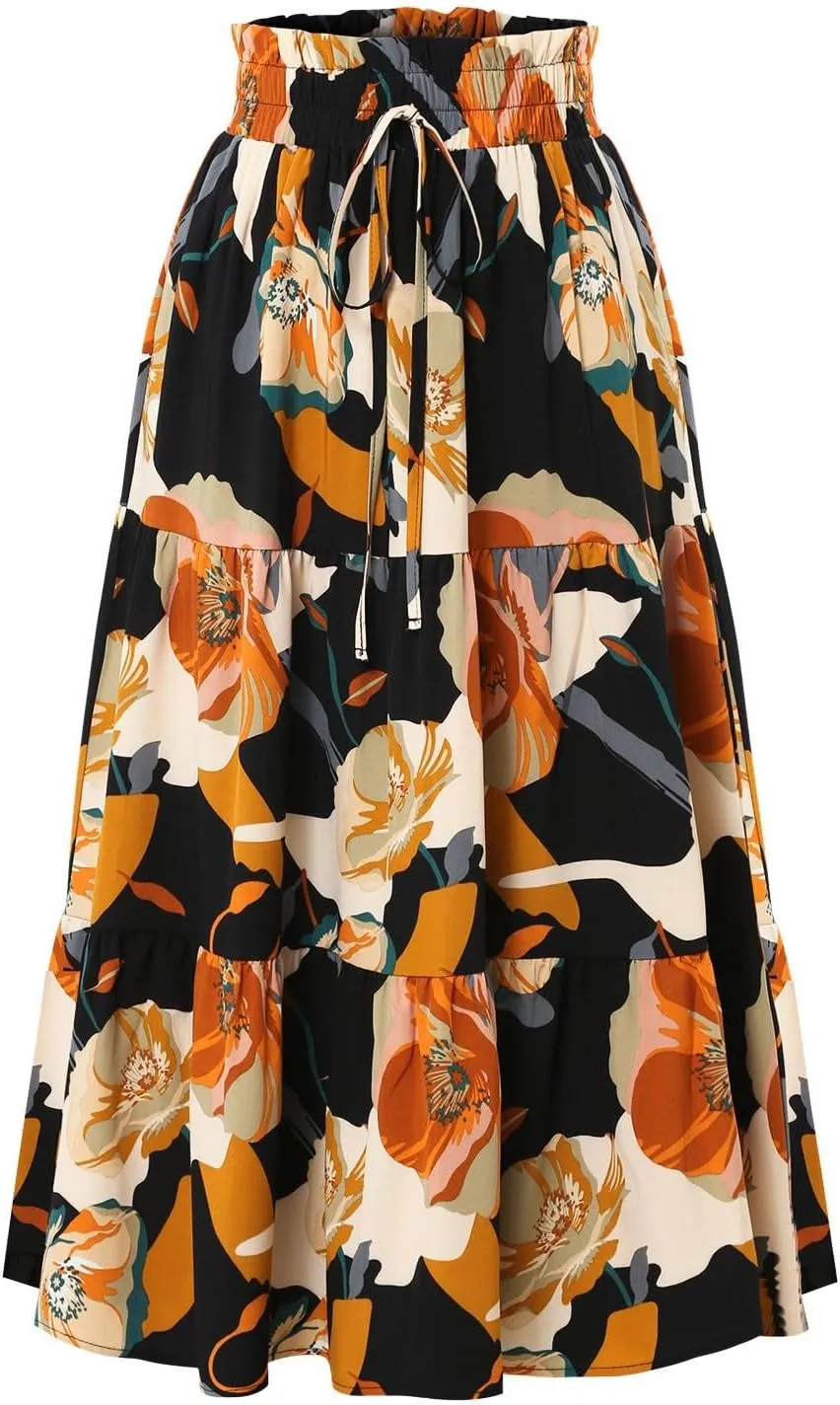 Floral Midi Skirts for Women Summer Tiered Drawstring Elastic Waist Knee Length Skirts Smocked A-Line Flowy Boho Skirt