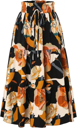 Floral Midi Skirts for Women Summer Tiered Drawstring Elastic Waist Knee Length Skirts Smocked A-Line Flowy Boho Skirt