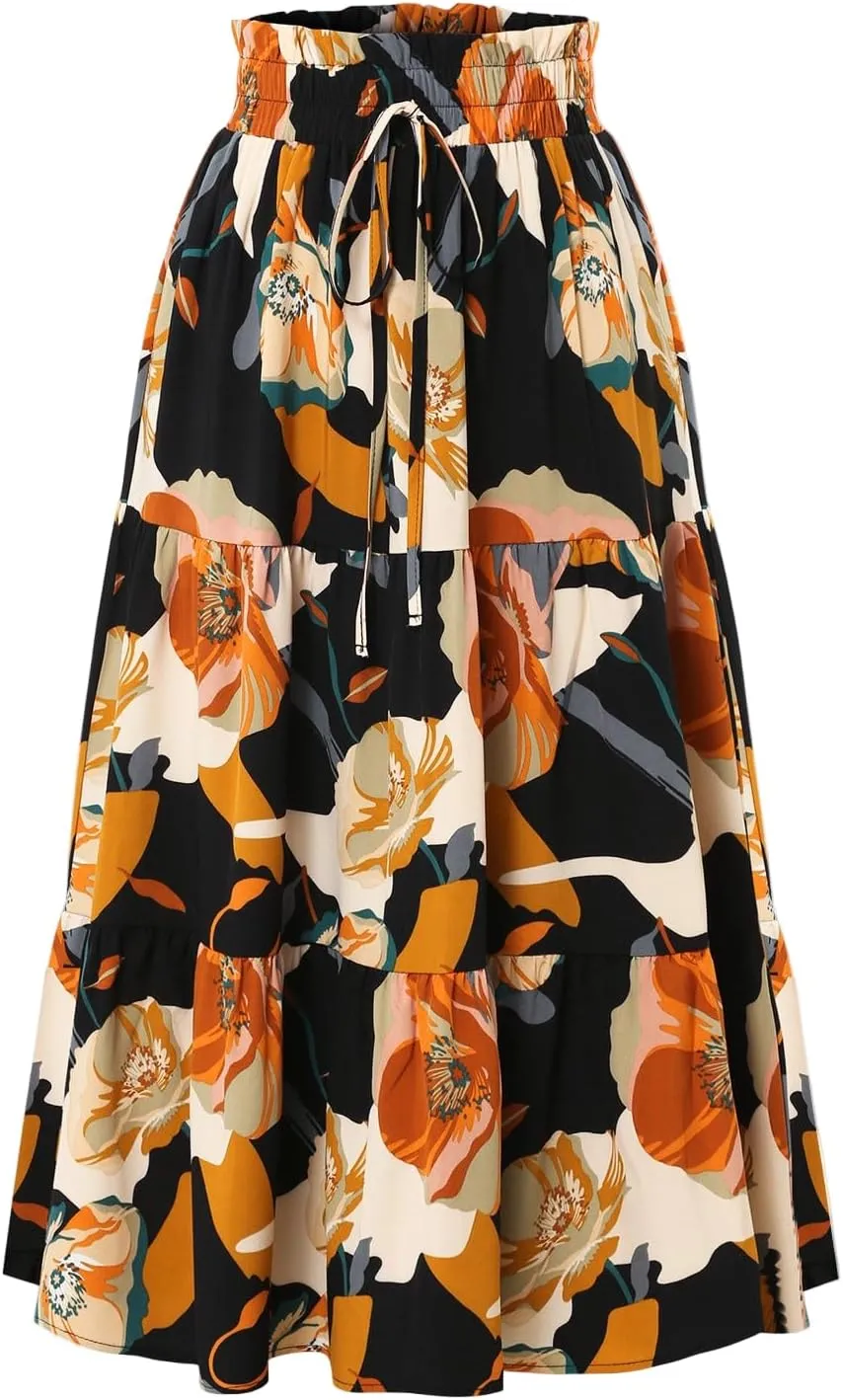 Floral Midi Skirts for Women Summer Tiered Drawstring Elastic Waist Knee Length Skirts Smocked A-Line Flowy Boho Skirt