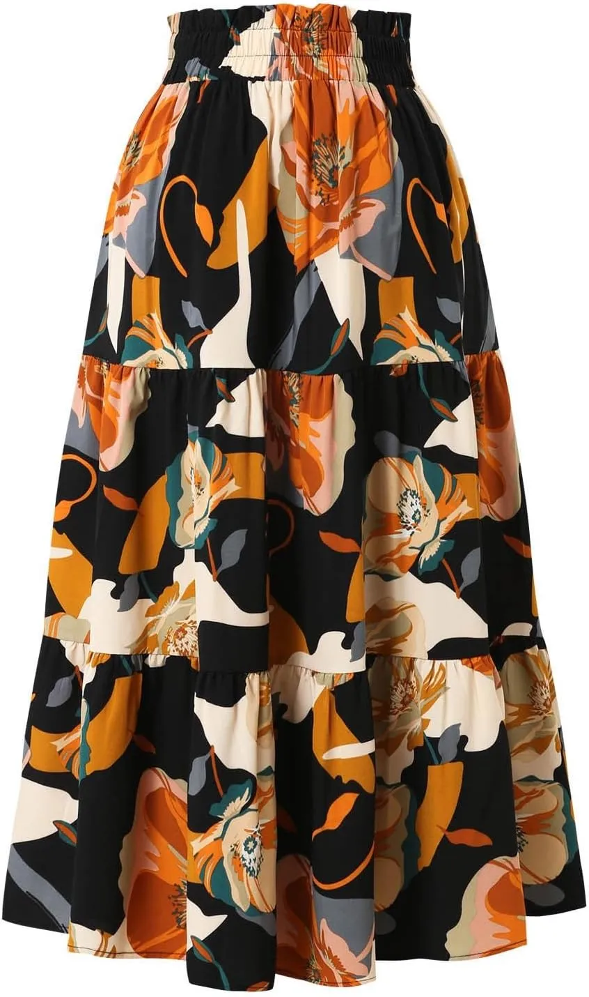 Floral Midi Skirts for Women Summer Tiered Drawstring Elastic Waist Knee Length Skirts Smocked A-Line Flowy Boho Skirt