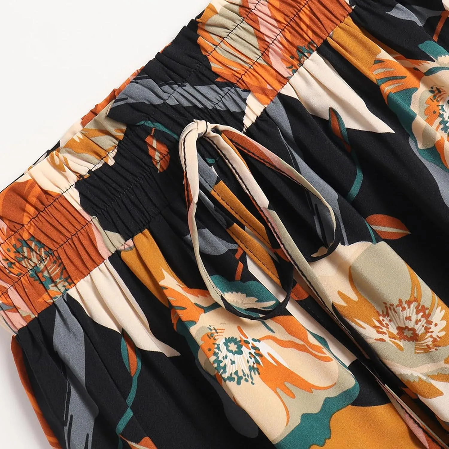 Floral Midi Skirts for Women Summer Tiered Drawstring Elastic Waist Knee Length Skirts Smocked A-Line Flowy Boho Skirt