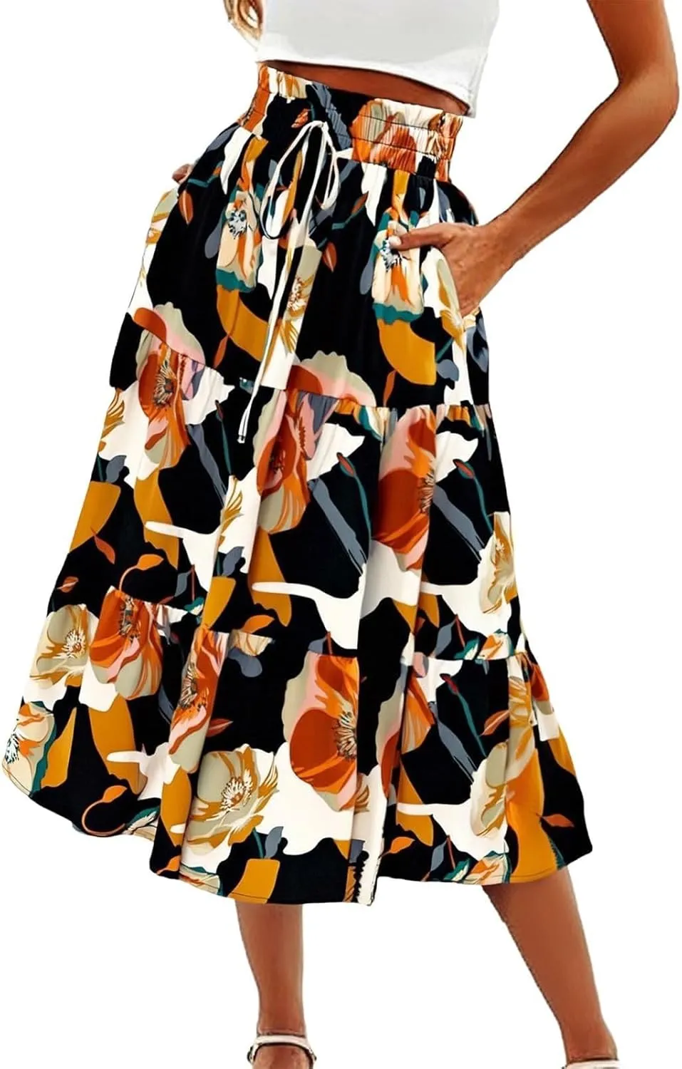 Floral Midi Skirts for Women Summer Tiered Drawstring Elastic Waist Knee Length Skirts Smocked A-Line Flowy Boho Skirt