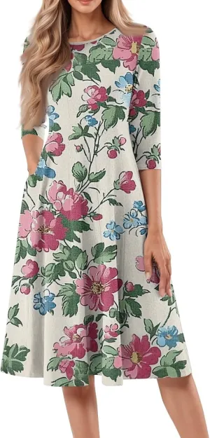 Floral Print Summer Dress for Women Plus Size Vintage 3/4 Sleeve Crewneck Flowy Pleated Midi Dresses Casual Sundress