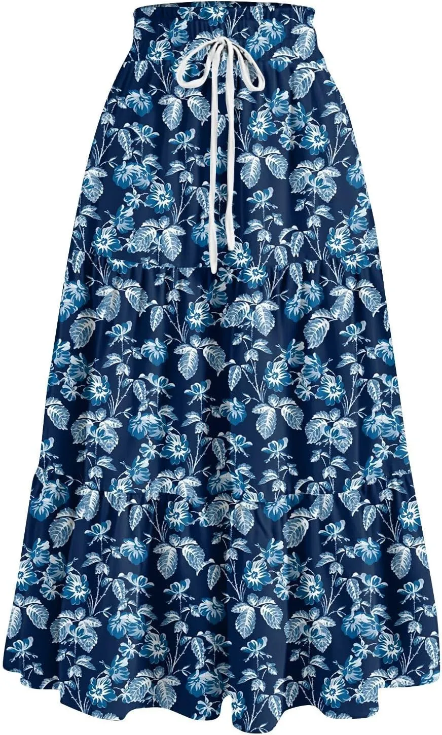 Floral Skirts for Women 2025 Summer High Waist Tiered Pleated Flowy Tiered A-Line Boho Long Maxi Skirts