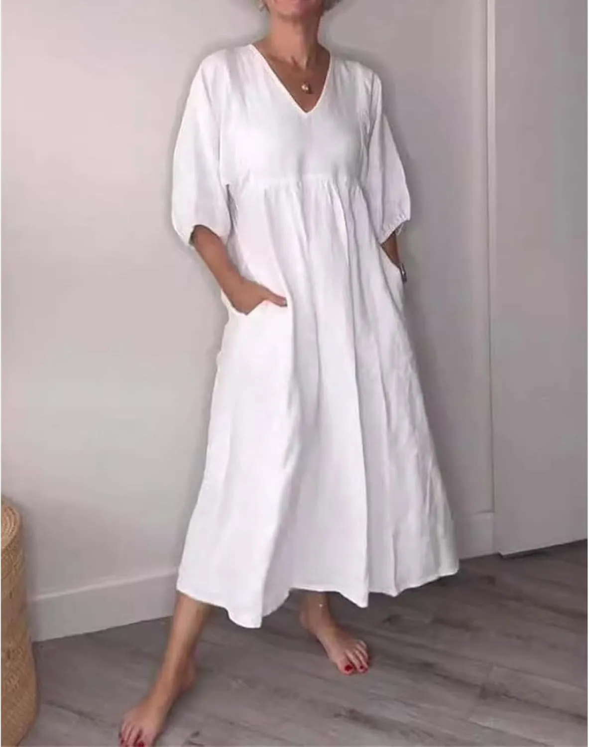 Flowy Maxi Dresses for Women Plus Size Summer Casual Dress Cotton Linen Midi Dress Beach Tshirt Sundress with Pockets