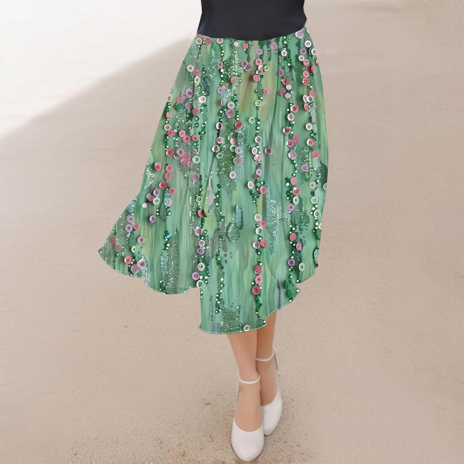 Flowy Skirts for Women Summer Casual Floral Printed Elastic High Waist A-Line Boho Beach Vacation Midi Skirts