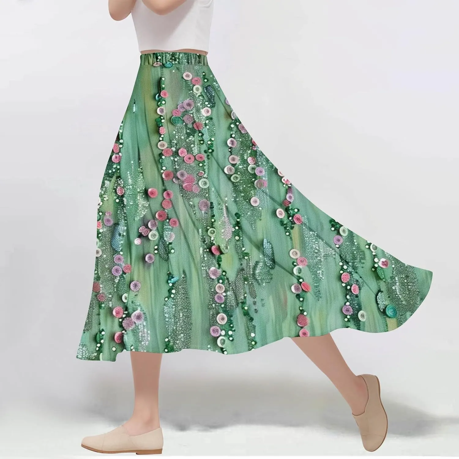 Flowy Skirts for Women Summer Casual Floral Printed Elastic High Waist A-Line Boho Beach Vacation Midi Skirts