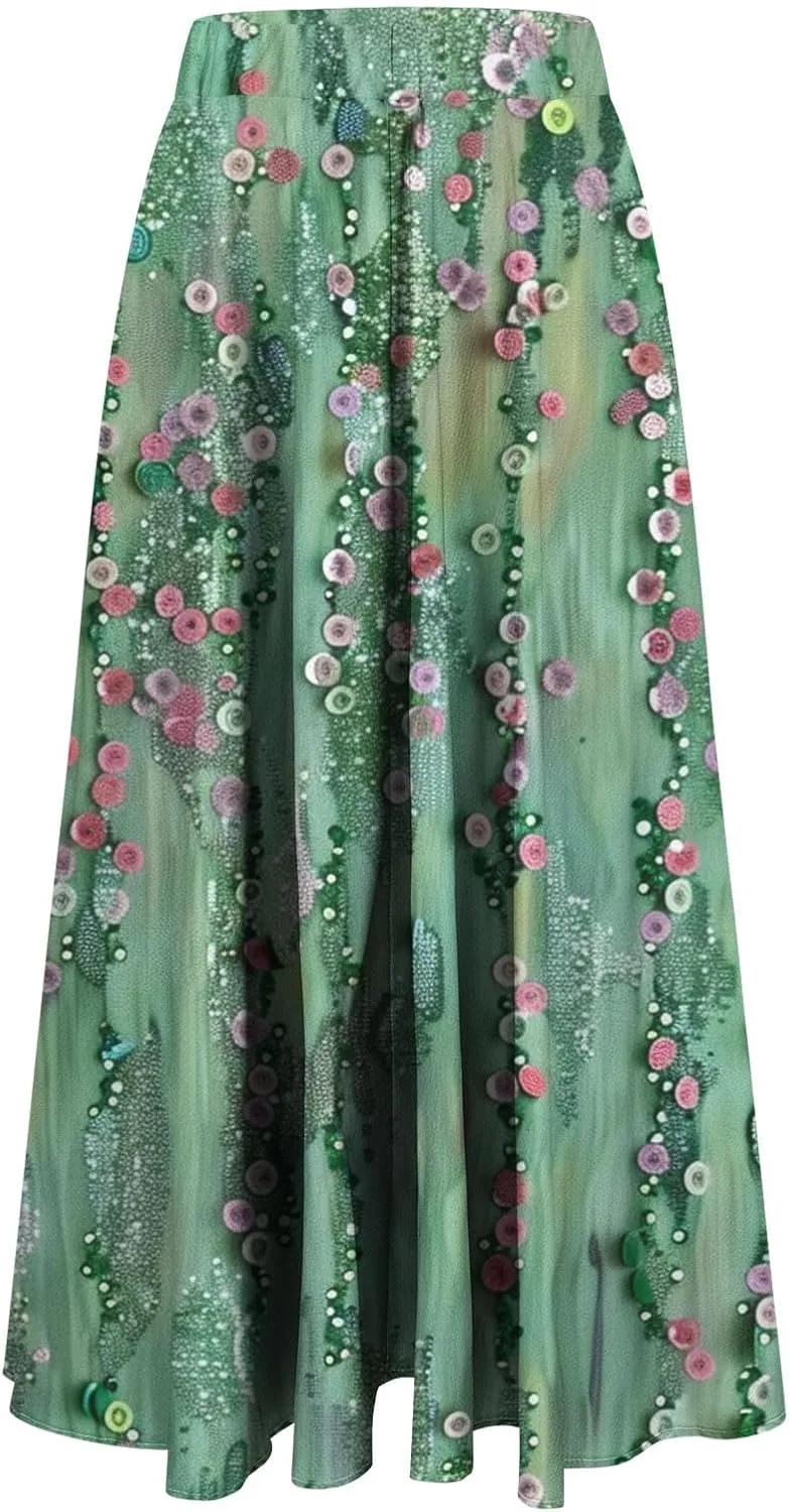 Flowy Skirts for Women Summer Casual Floral Printed Elastic High Waist A-Line Boho Beach Vacation Midi Skirts