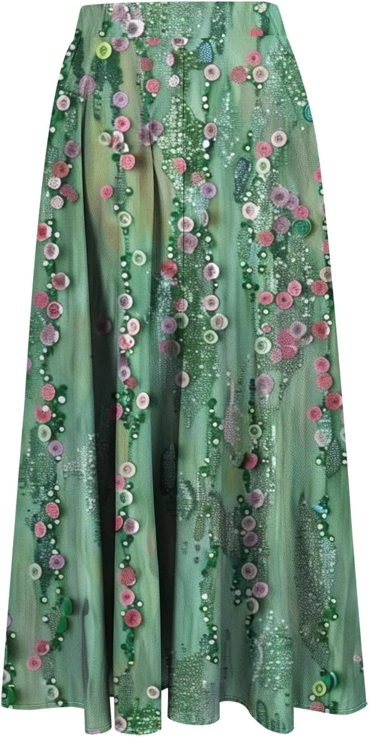 Flowy Skirts for Women Summer Casual Floral Printed Elastic High Waist A-Line Boho Beach Vacation Midi Skirts