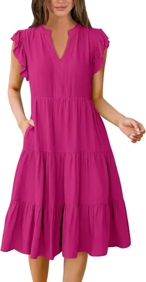 Flowy Swing Tiered Dress Women Summer V Neck Flutter Sleeve Dress with Pocket Vacation Casual Boho Beach Midi Dresses