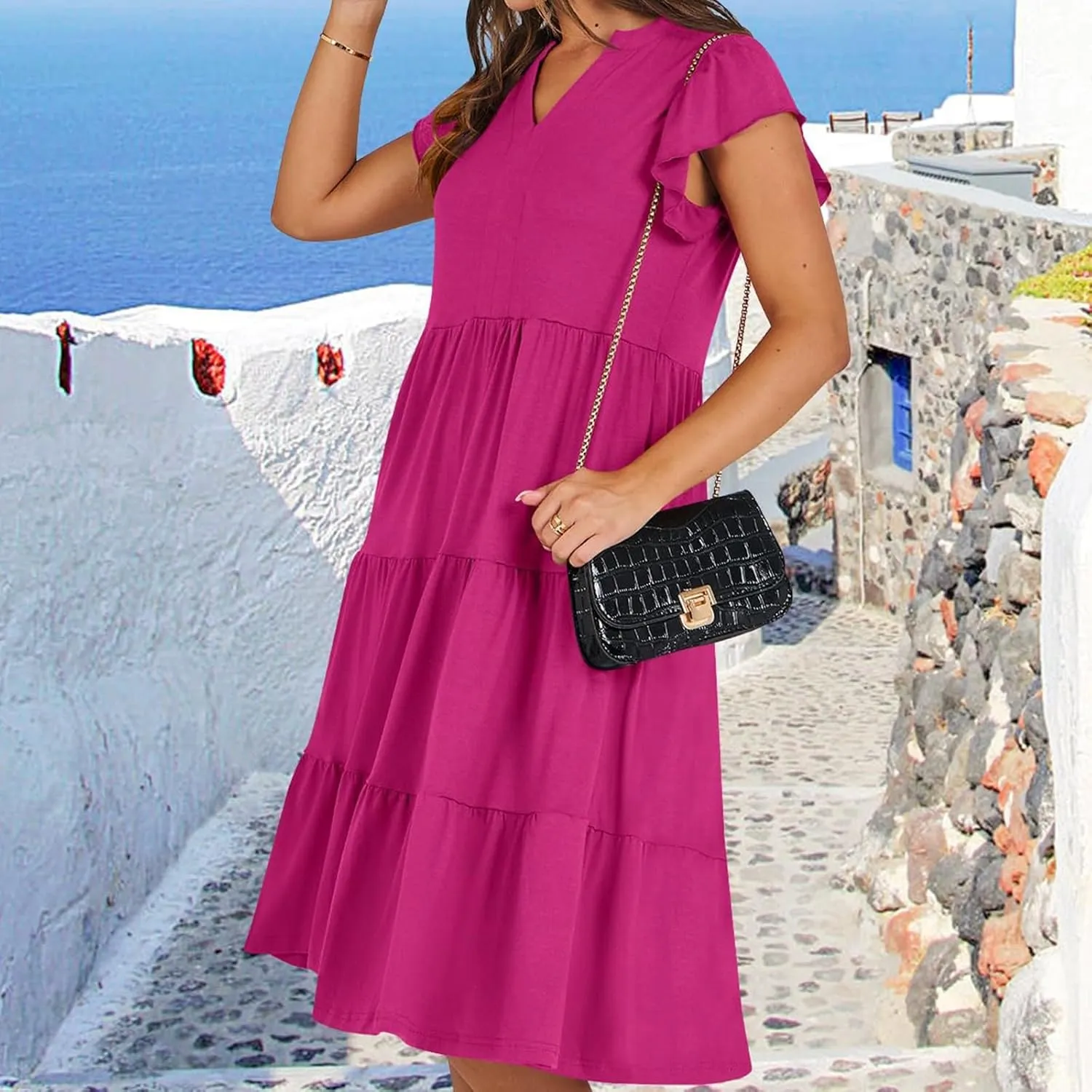 Flowy Swing Tiered Dress Women Summer V Neck Flutter Sleeve Dress with Pocket Vacation Casual Boho Beach Midi Dresses
