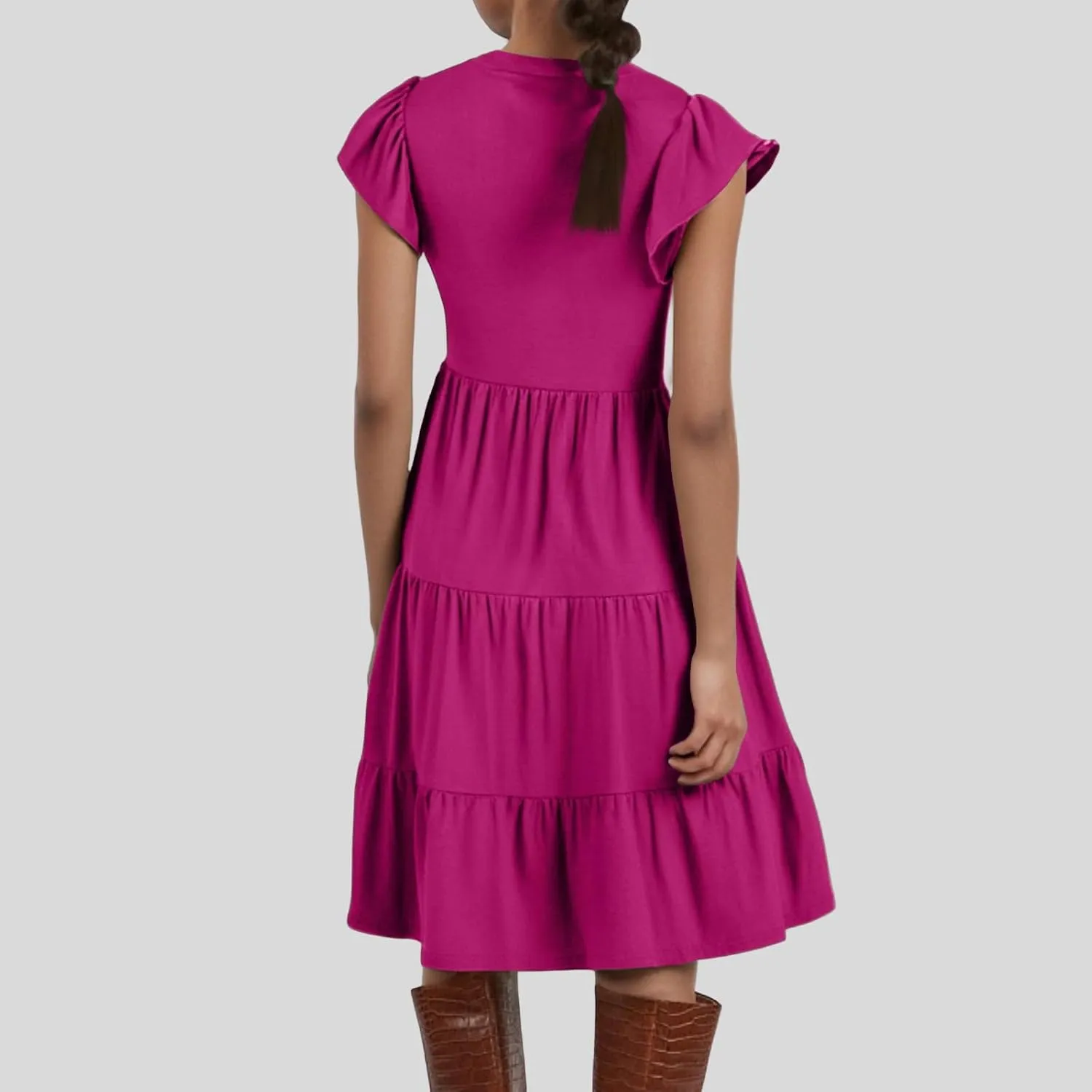 Flowy Swing Tiered Dress Women Summer V Neck Flutter Sleeve Dress with Pocket Vacation Casual Boho Beach Midi Dresses