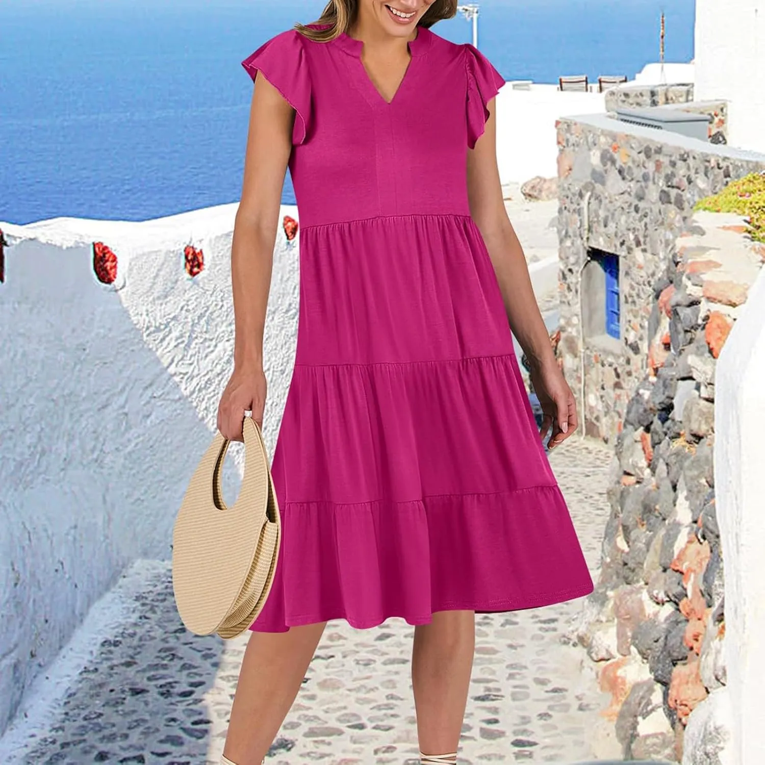 Flowy Swing Tiered Dress Women Summer V Neck Flutter Sleeve Dress with Pocket Vacation Casual Boho Beach Midi Dresses