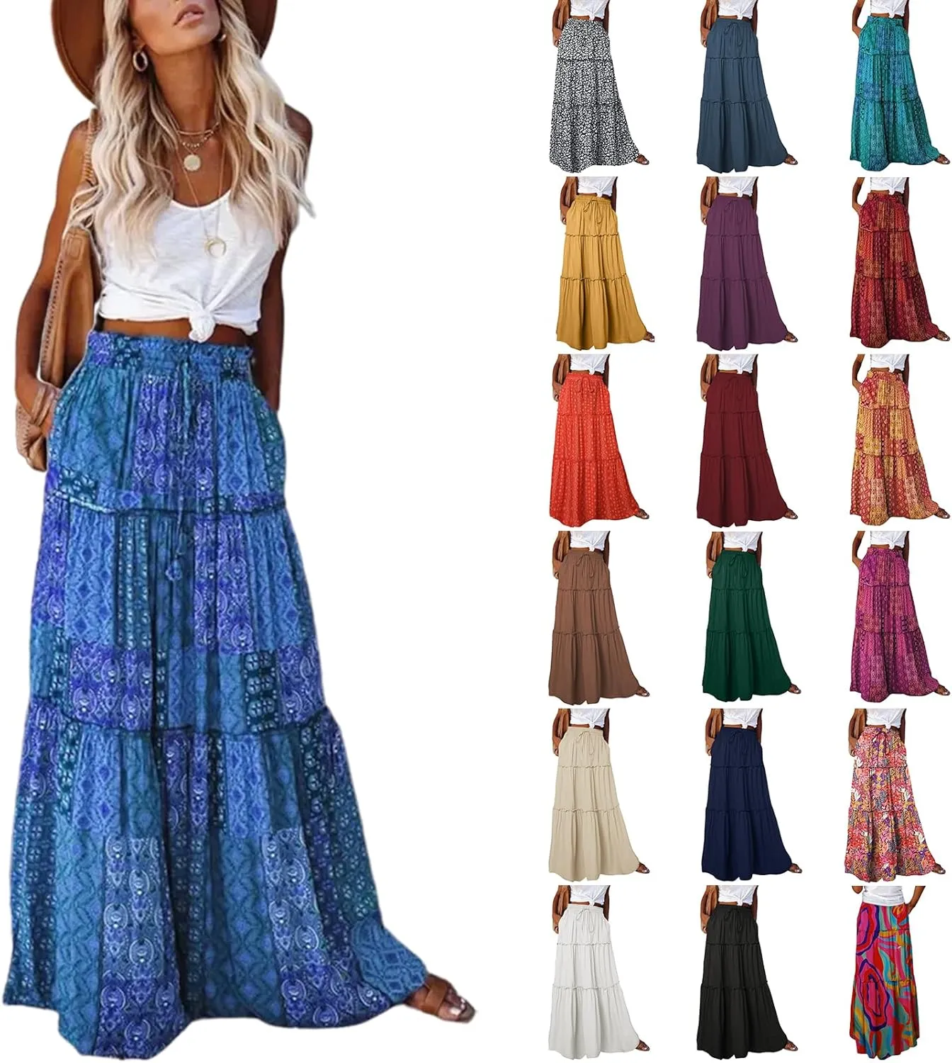 Flowy Tiered Maxi Skirts for Women 2025 Trendy Summer Vacation Boho Long Floral Skirt Elastic Drawstring A Line Skirt