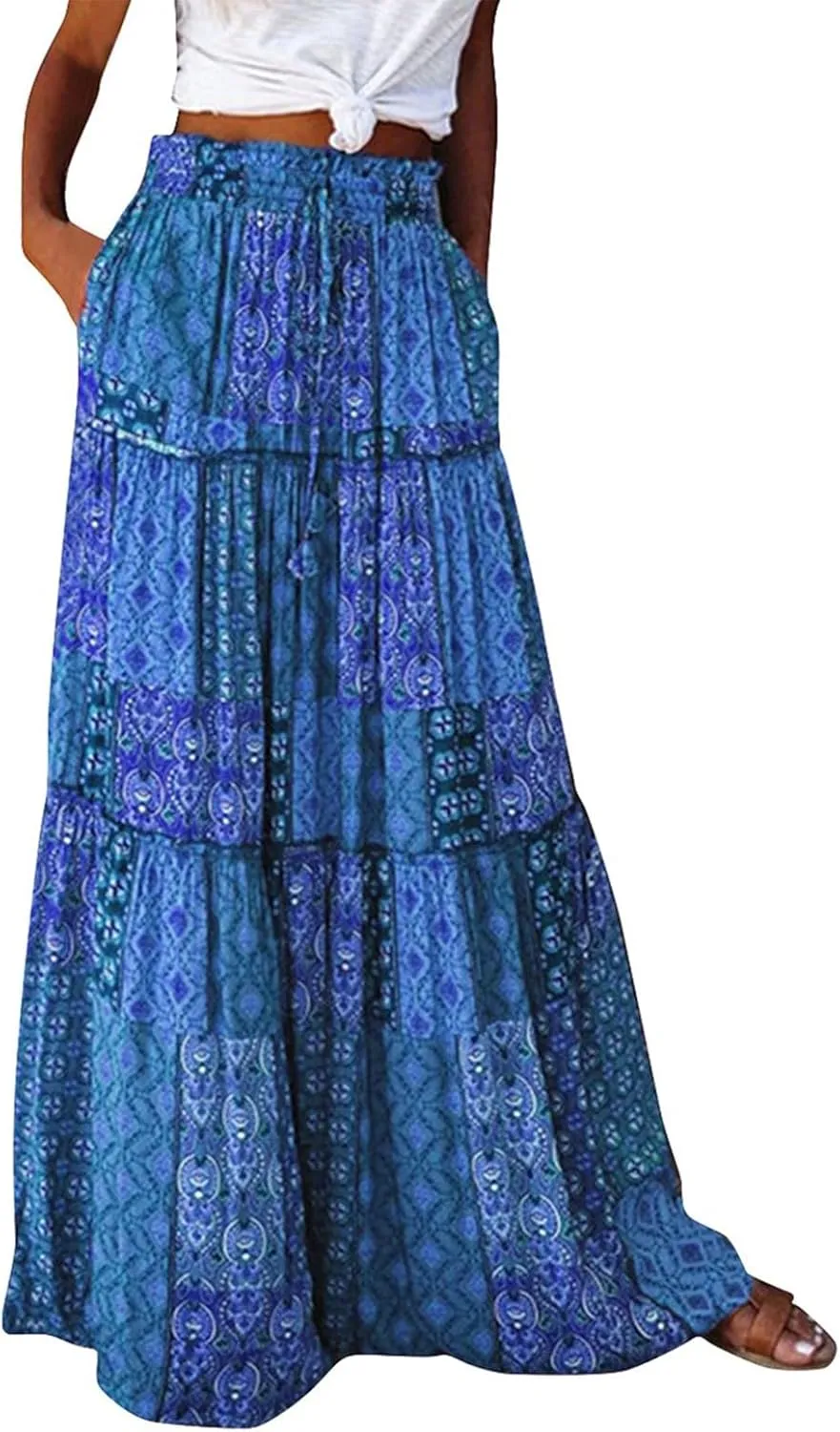 Flowy Tiered Maxi Skirts for Women 2025 Trendy Summer Vacation Boho Long Floral Skirt Elastic Drawstring A Line Skirt