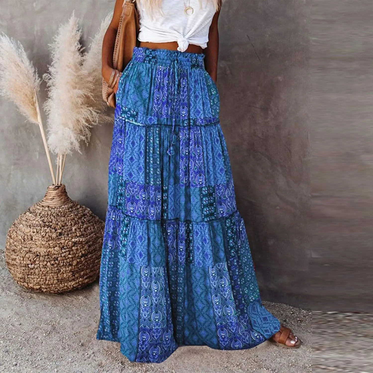 Flowy Tiered Maxi Skirts for Women 2025 Trendy Summer Vacation Boho Long Floral Skirt Elastic Drawstring A Line Skirt
