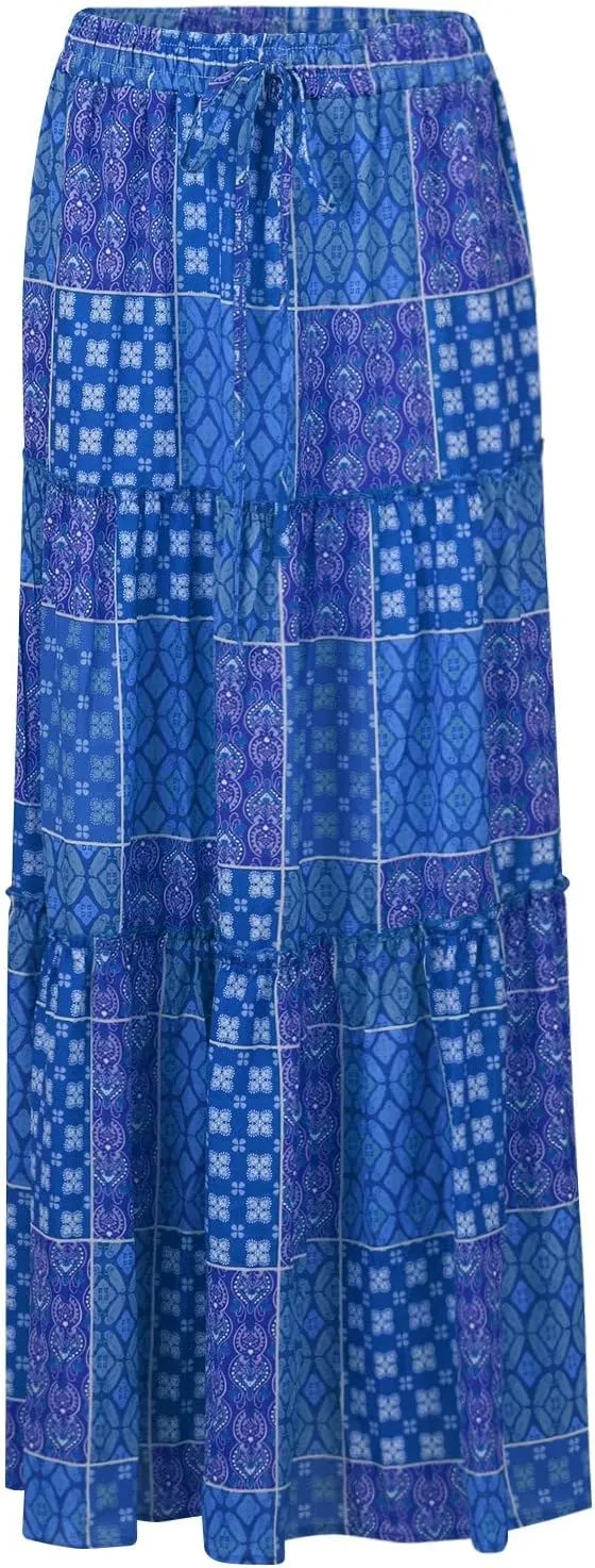 Flowy Tiered Maxi Skirts for Women 2025 Trendy Summer Vacation Boho Long Floral Skirt Elastic Drawstring A Line Skirt