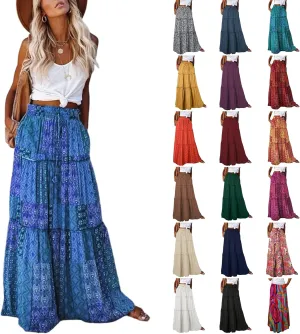 Flowy Tiered Maxi Skirts for Women 2025 Trendy Summer Vacation Boho Long Floral Skirt Elastic Drawstring A Line Skirt