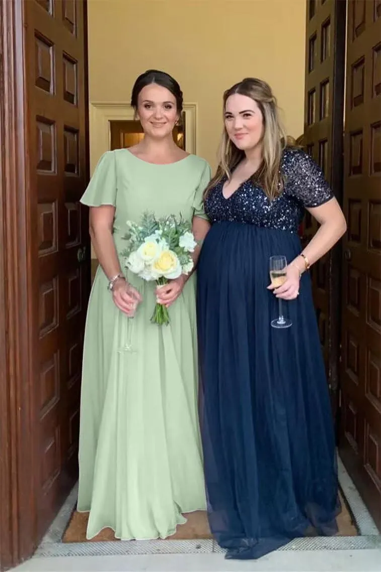Flutter Sleeve Bridesmaid Dresses Boat Neck Long Pleated Chiffon Formal Dress with Sash QA165