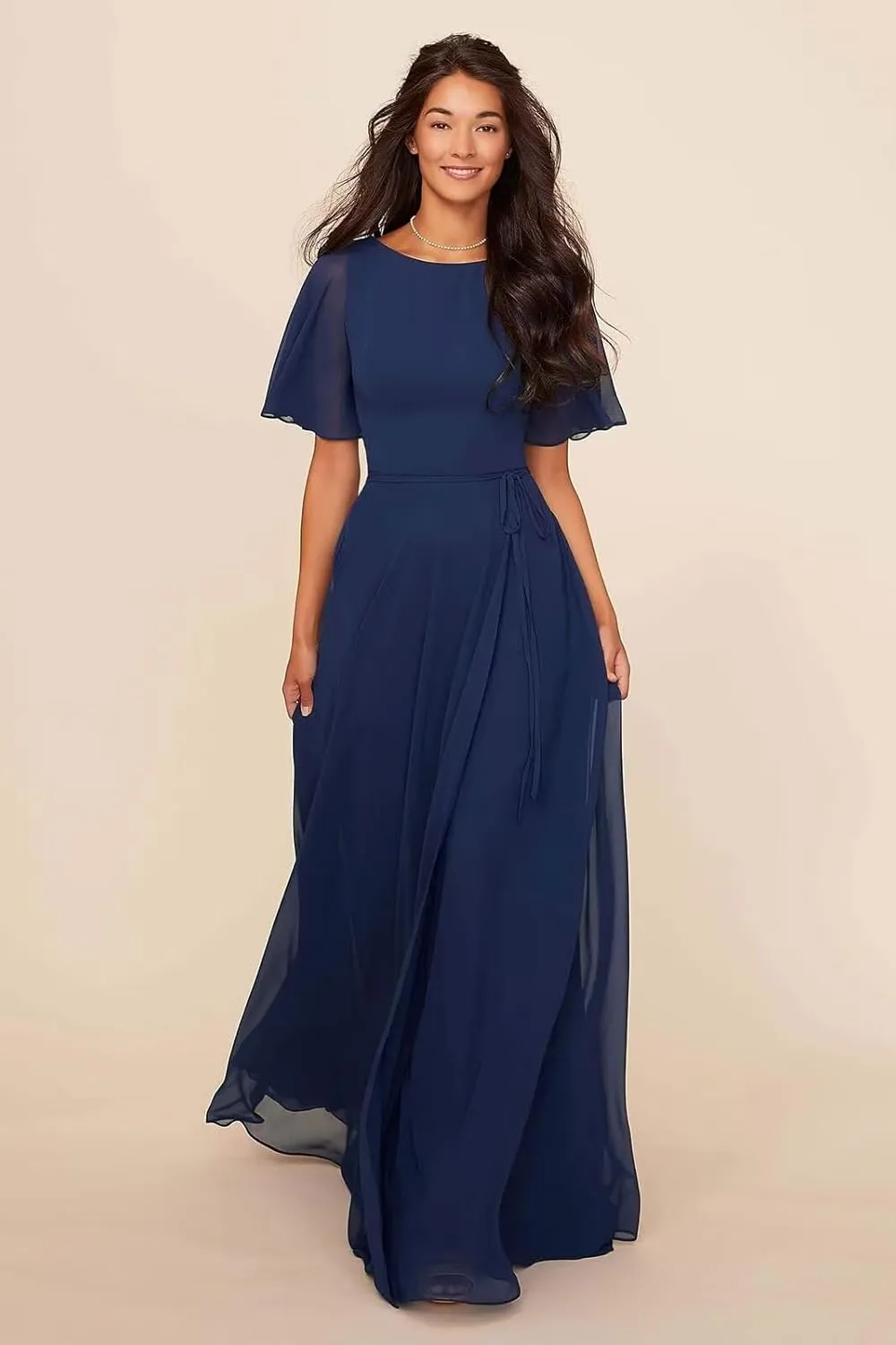 Flutter Sleeve Bridesmaid Dresses Boat Neck Long Pleated Chiffon Formal Dress with Sash QA165