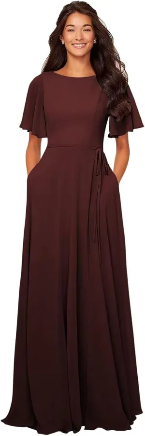 Flutter Sleeve Bridesmaid Dresses Boat Neck Long Pleated Chiffon Formal Dress with Sash QA165