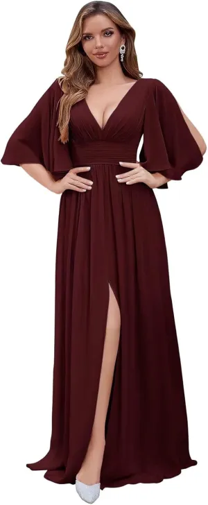 Flutter Sleeve Chiffon Bridesmaid Dresses for Women A Line Pleated Long Prom Gown with Slit Formal Evening Gown
