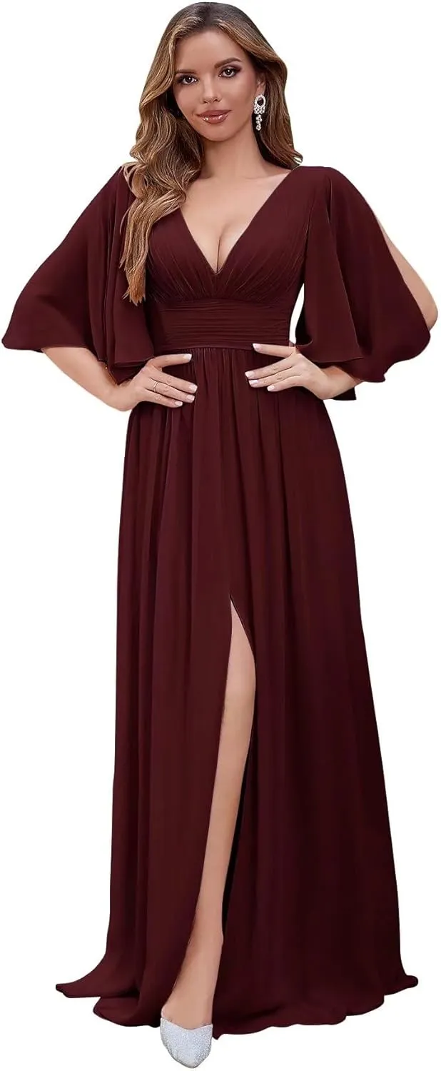 Flutter Sleeve Chiffon Bridesmaid Dresses for Women A Line Pleated Long Prom Gown with Slit Formal Evening Gown