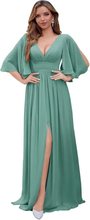 Flutter Sleeve Chiffon Bridesmaid Dresses for Women A Line Pleated Long Prom Gown with Slit Formal Evening Gown