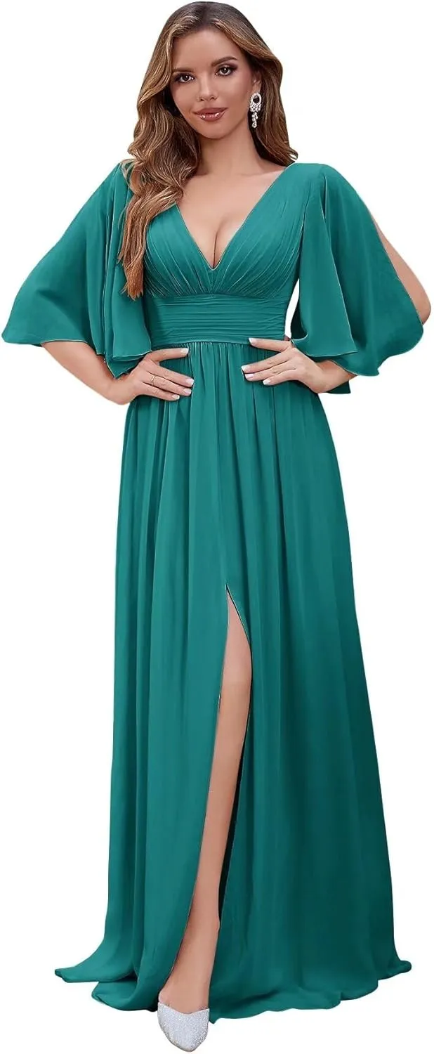 Flutter Sleeve Chiffon Bridesmaid Dresses for Women A Line Pleated Long Prom Gown with Slit Formal Evening Gown
