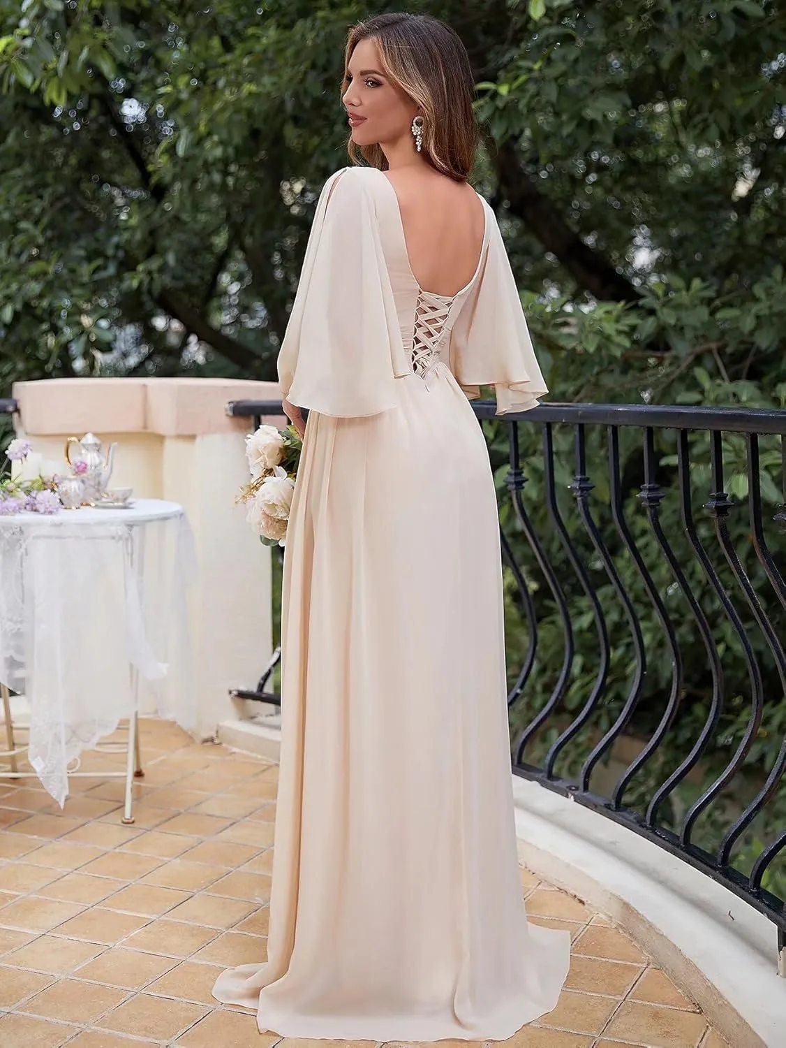 Flutter Sleeve Chiffon Bridesmaid Dresses for Women A Line Pleated Long Prom Gown with Slit Formal Evening Gown