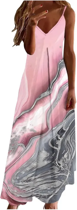 for Teen Girls Women 's Summer Spaghetti Strap Elegant Long Dresses Plus Size Vacation Flowy Beach Dress Loose Floor Length Dress Beach Dress Pink S