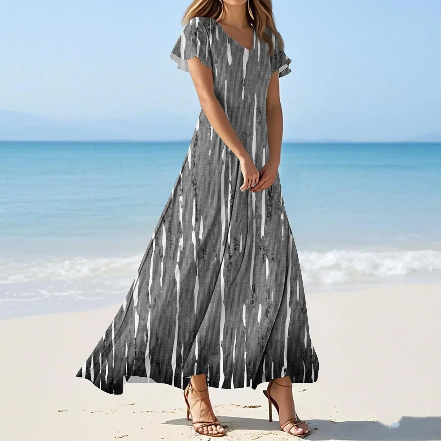 Formal Dresses for Women,Women's Loose Casual V-Neck Short Sleeved High Waisted Print Chiffon Dress