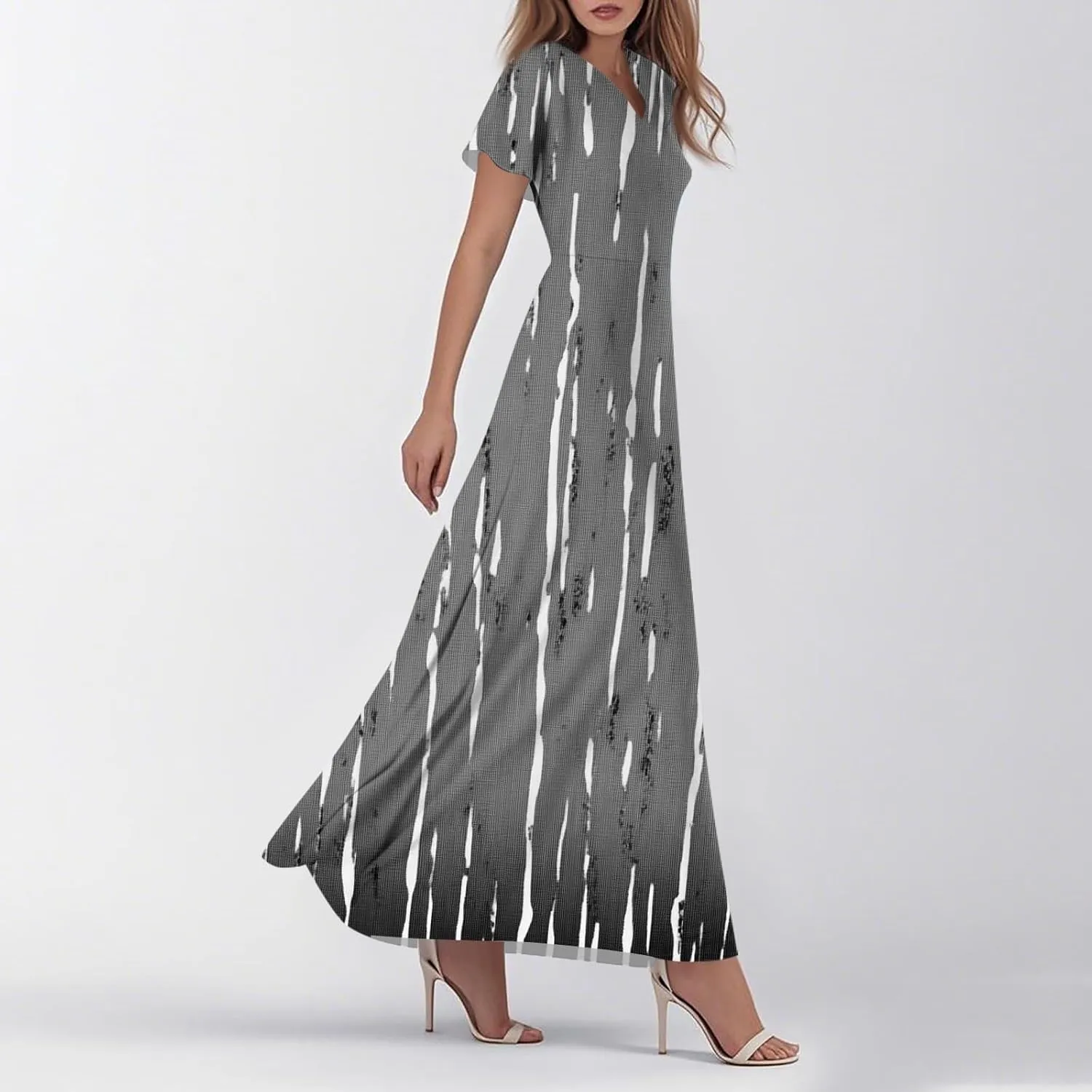 Formal Dresses for Women,Women's Loose Casual V-Neck Short Sleeved High Waisted Print Chiffon Dress