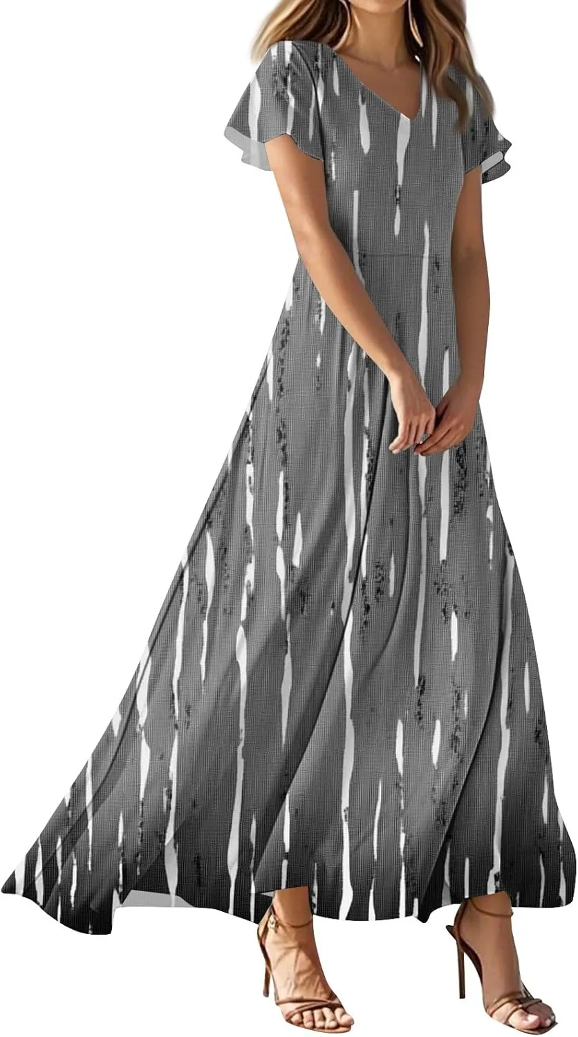 Formal Dresses for Women,Women's Loose Casual V-Neck Short Sleeved High Waisted Print Chiffon Dress