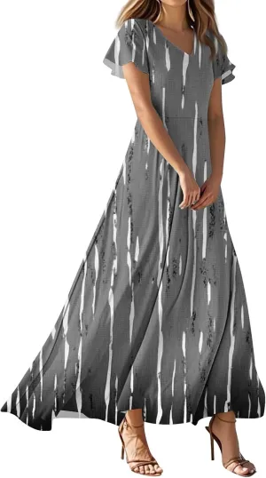 Formal Dresses for Women,Women's Loose Casual V-Neck Short Sleeved High Waisted Print Chiffon Dress