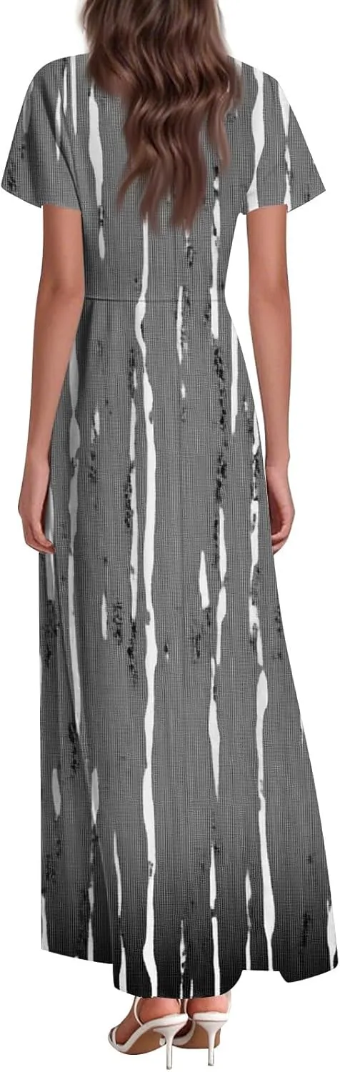 Formal Dresses for Women,Women's Loose Casual V-Neck Short Sleeved High Waisted Print Chiffon Dress