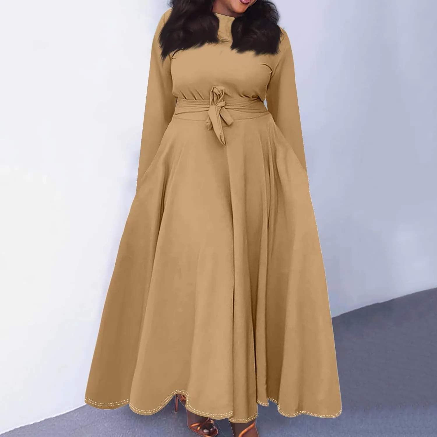 FQZWONG Plus Size Dresses for Curvy Women 2025 Spring Fashion Long Sleeve Maxi Dress Elegant Crewneck Beach Dress with Belt
