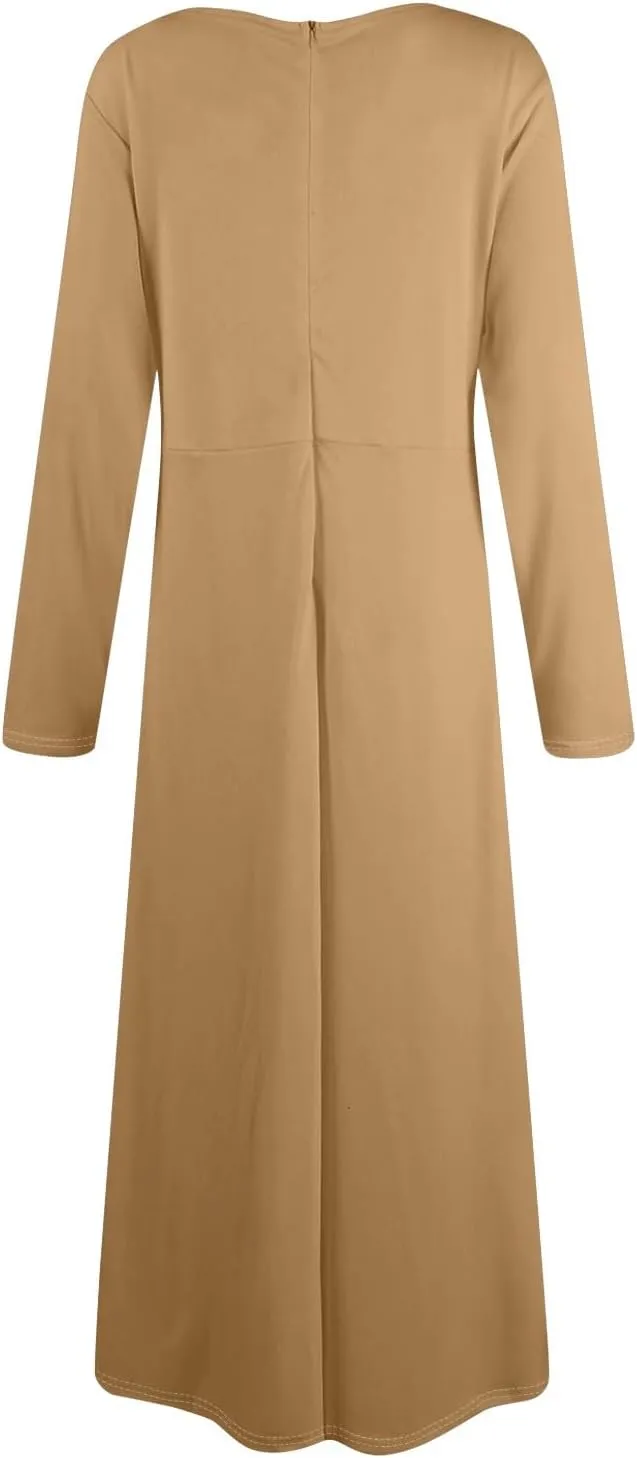 FQZWONG Plus Size Dresses for Curvy Women 2025 Spring Fashion Long Sleeve Maxi Dress Elegant Crewneck Beach Dress with Belt
