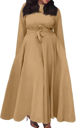FQZWONG Plus Size Dresses for Curvy Women 2025 Spring Fashion Long Sleeve Maxi Dress Elegant Crewneck Beach Dress with Belt