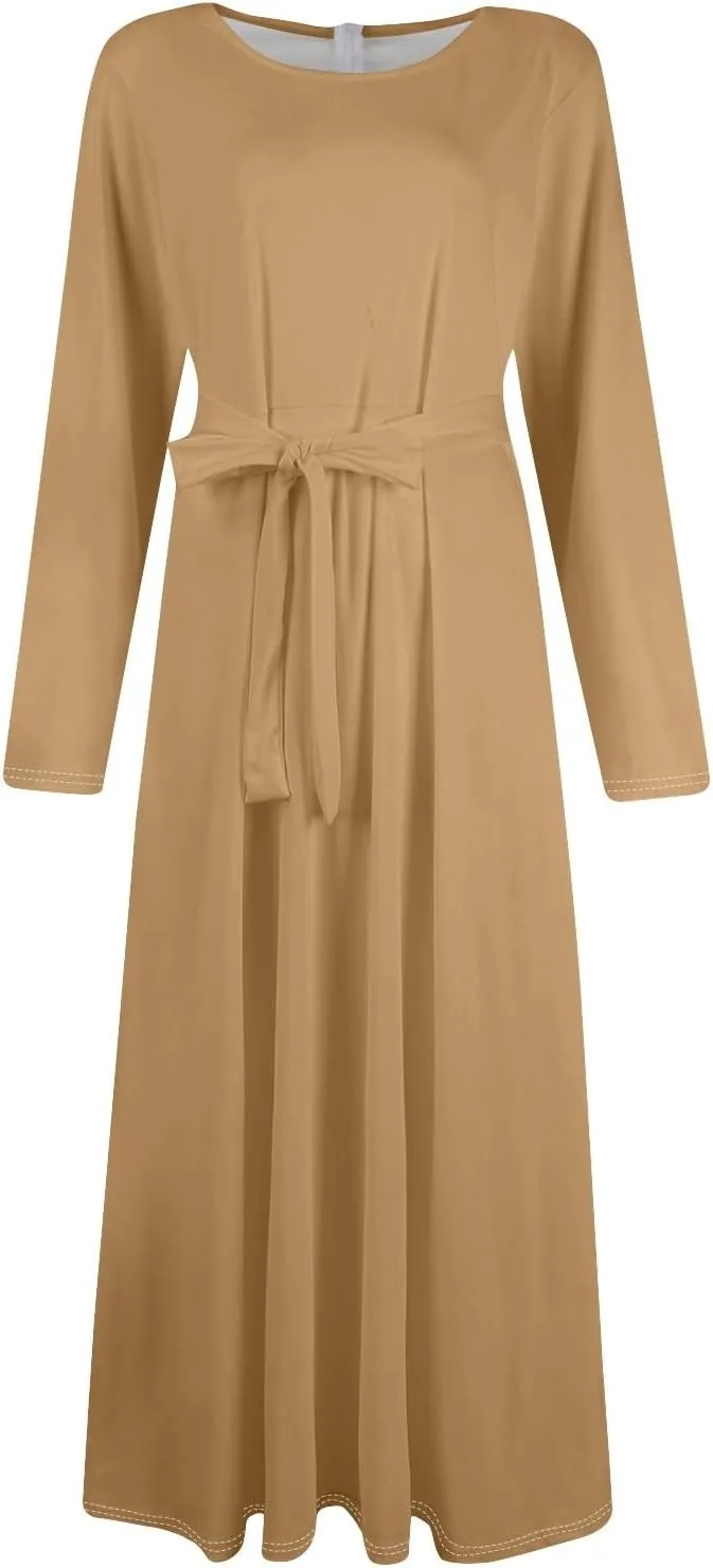 FQZWONG Plus Size Dresses for Curvy Women 2025 Spring Fashion Long Sleeve Maxi Dress Elegant Crewneck Beach Dress with Belt