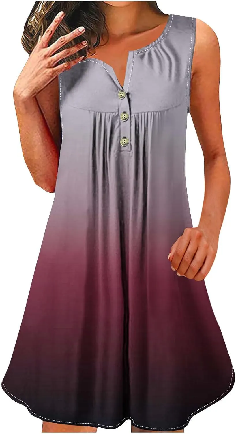 FZYLQY Sleeveless Button Front Swing Dress for Women Fashion Gradient Print Summer Tank Mini Dresses Casual Loose Beachwear