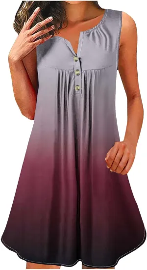 FZYLQY Sleeveless Button Front Swing Dress for Women Fashion Gradient Print Summer Tank Mini Dresses Casual Loose Beachwear